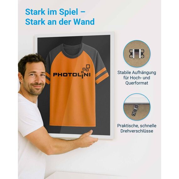 PHOTOLINI Bilderrahmen Trikotrahmen Fußball 70x90, Weißer Bilderrahmen für Trikot, Rahmen Trikot 90x70 mit Acrylglas zum Aufhängen, Jersey Frame mit zweifarbiger Rückwand & starkem Magnetsystem