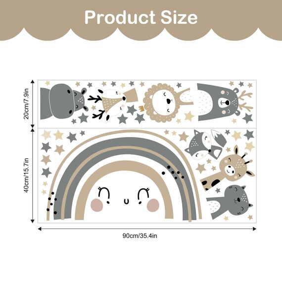 Tanlaby Große Regenbogen und Tier Wandtattoo Boho Grau Braun Waldland Tier Wandsticker Nordisch Giraffe Löwe Wandaufkleber für Kinder Babyzimmer Wohnzimmer Schlafzimmer Kinderzimmer Wanddekoration