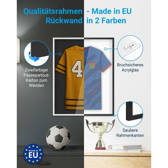 PHOTOLINI Bilderrahmen Trikotrahmen Fußball 70x90, Schwarzer Bilderrahmen für Trikot, Rahmen Trikot 90x70 mit Acrylglas zum Aufhängen, Jersey Frame mit zweifarbiger Rückwand & starkem Magnetsystem