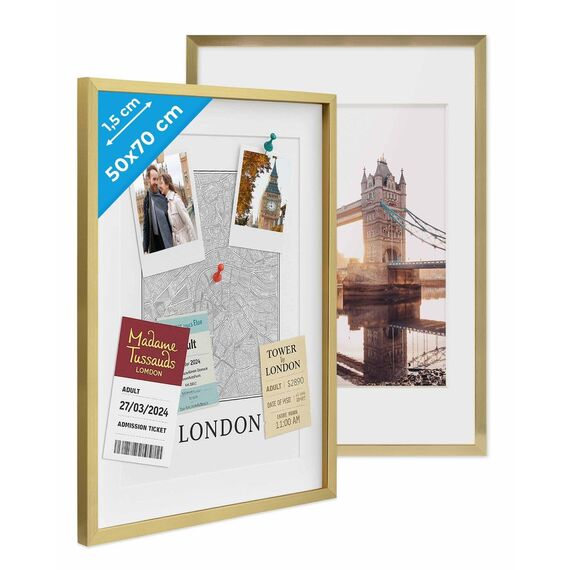 PHOTOLINI 3D Bilderrahmen zum Befüllen 50x70 Gold groß, 1,5 cm tiefer Objektrahmen mit Glas, 2X tiefer Bilderrahmen 50x70 Holz MDF mit Passepartout, Dicker 3D Rahmen befüllbar für Gegenstände