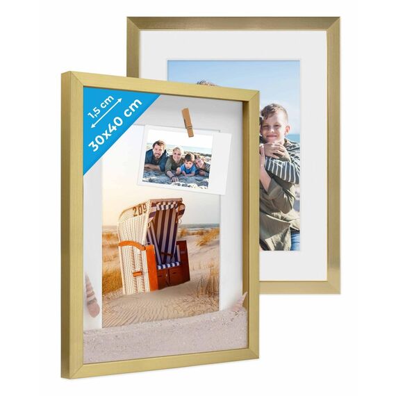 PHOTOLINI 3D Bilderrahmen zum Befüllen 30x40 Gold groß, 1,5 cm tiefer Objektrahmen mit Glas, 2X tiefer Bilderrahmen 30x40 Holz MDF mit Passepartout, Dicker 3D Rahmen befüllbar für Gegenstände