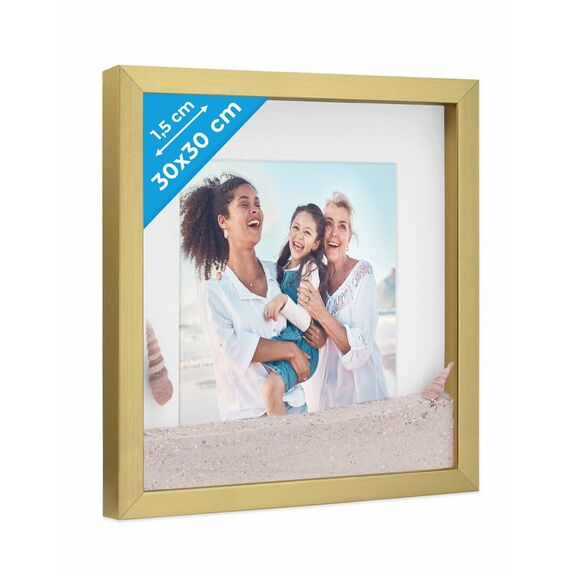 PHOTOLINI 3D Bilderrahmen zum Befüllen 30x30 Gold groß, 1,5 cm tiefer Objektrahmen mit Glas, tiefer Bilderrahmen 30x30 Holz MDF mit Passepartout, Dicker 3D Rahmen befüllbar für Gegenstände Geschenk