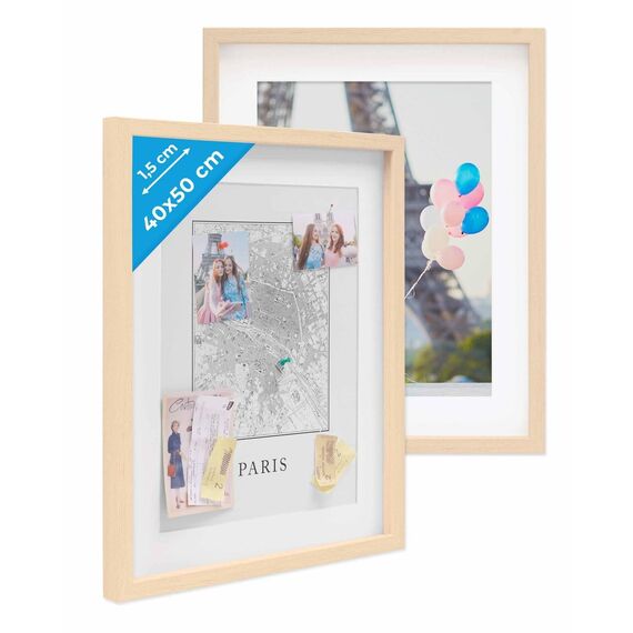 PHOTOLINI 3D Bilderrahmen zum Befüllen 40x50 Natur groß, 1,5 cm tiefer Objektrahmen mit Glas, 2X tiefer Bilderrahmen 40x50 Holz MDF mit Passepartout, Dicker 3D Rahmen befüllbar für Gegenstände