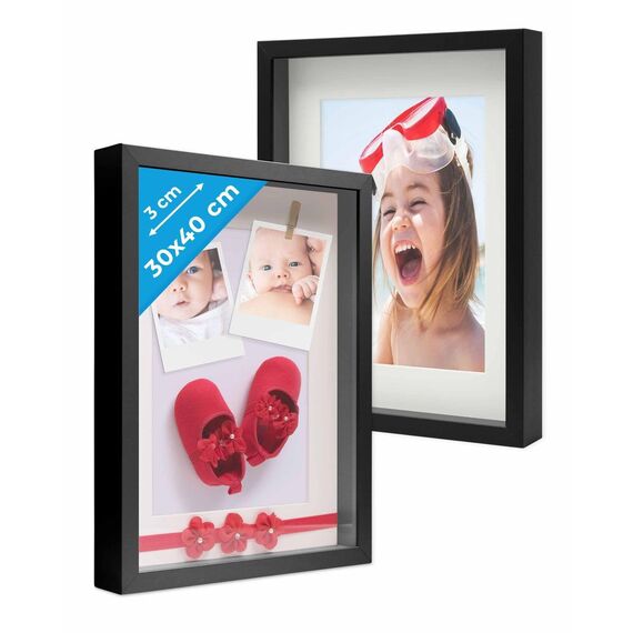 PHOTOLINI 3D Bilderrahmen zum Befüllen 30x40 Schwarz groß, 3 cm tiefer Objektrahmen mit Glas, 2X tiefer Bilderrahmen 30x40 Holz MDF mit Passepartout, Dicker 3D Rahmen befüllbar für Gegenstände
