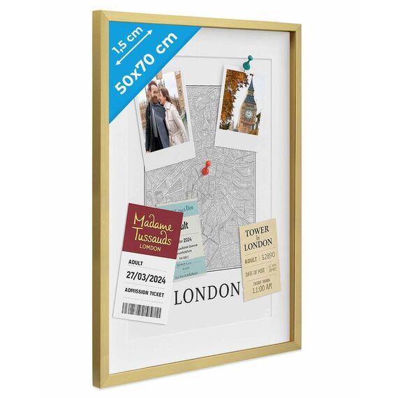 PHOTOLINI 3D Bilderrahmen zum Befüllen 50x70 Gold groß, 1,5 cm tiefer Objektrahmen mit Glas, tiefer Bilderrahmen 50x70 Holz MDF mit Passepartout, Dicker 3D Rahmen befüllbar für Gegenstände Geschenk