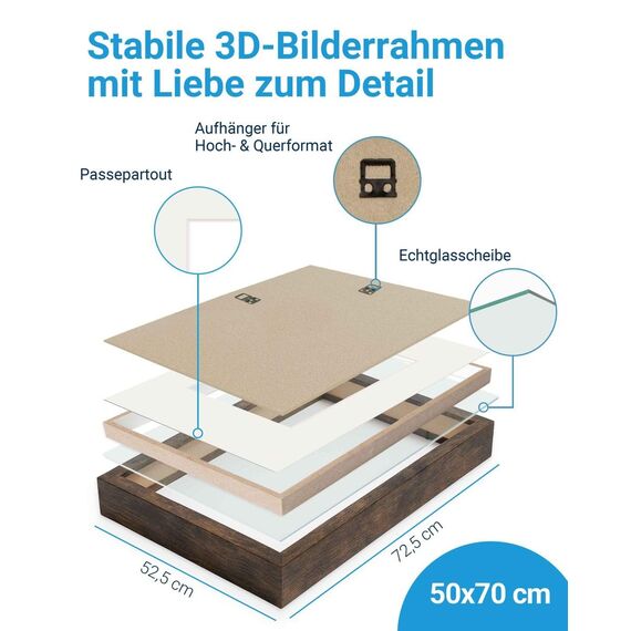 PHOTOLINI 3D Bilderrahmen zum Befüllen 50x70 Eiche dunkel groß, 1,5 cm tiefer Objektrahmen mit Glas, 2X tiefer Bilderrahmen 50x70 Holz MDF mit Passepartout, Dicker 3D Rahmen befüllbar für Gegenstände