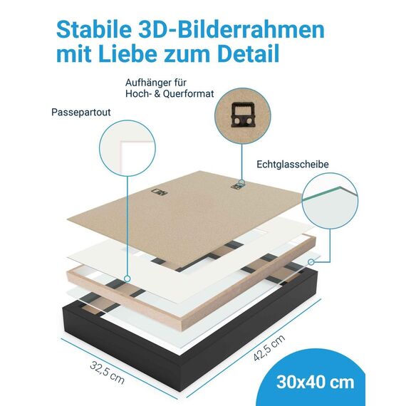 PHOTOLINI 3D Bilderrahmen zum Befüllen 30x40 Schwarz groß, 3 cm tiefer Objektrahmen mit Glas, tiefer Bilderrahmen 30x40 Holz MDF mit Passepartout, Dicker 3D Rahmen befüllbar für Gegenstände Geschenk
