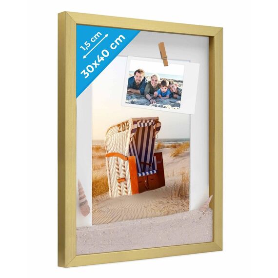 PHOTOLINI 3D Bilderrahmen zum Befüllen 30x40 Gold groß, 1,5 cm tiefer Objektrahmen mit Glas, tiefer Bilderrahmen 30x40 Holz MDF mit Passepartout, Dicker 3D Rahmen befüllbar für Gegenstände Geschenk