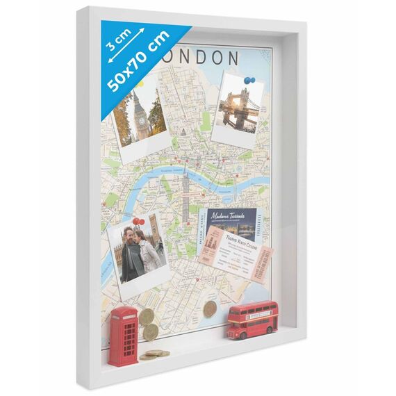 PHOTOLINI 3D Bilderrahmen zum Befüllen 50x70 Weiß groß, 3 cm tiefer Objektrahmen mit Acrylglas, tiefer Bilderrahmen 50x70 Holz MDF, Dicker 3D Rahmen befüllbar für Gegenstände Geschenk