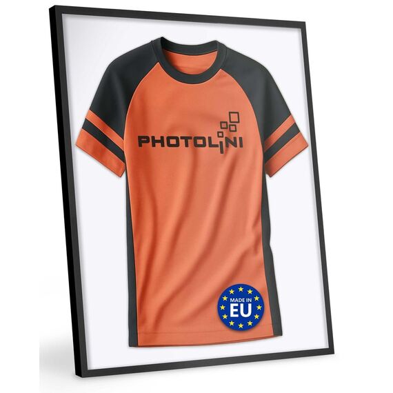PHOTOLINI Bilderrahmen Trikotrahmen Fußball 70x90, Schwarzer Bilderrahmen für Trikot, Rahmen Trikot 90x70 mit Acrylglas zum Aufhängen, Jersey Frame mit zweifarbiger Rückwand & starkem Magnetsystem
