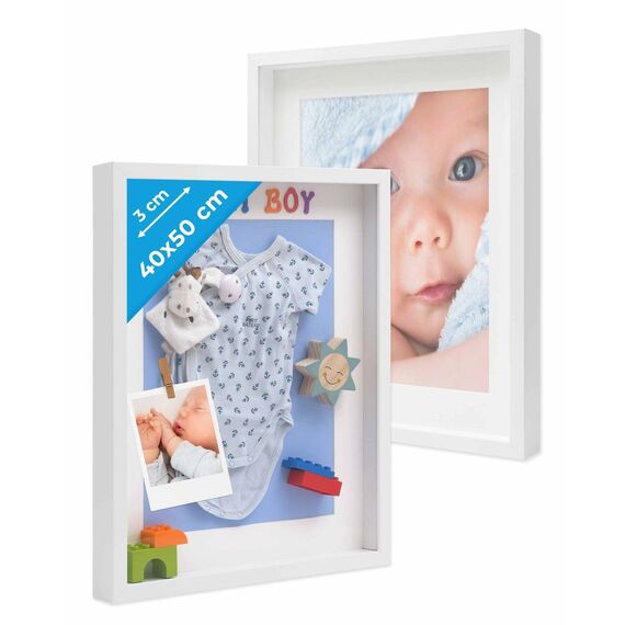 PHOTOLINI 3D Bilderrahmen zum Befüllen 40x50 Weiß groß, 3 cm tiefer Objektrahmen mit Glas, 2X tiefer Bilderrahmen 40x50 Holz MDF mit Passepartout, Dicker 3D Rahmen befüllbar für Gegenstände