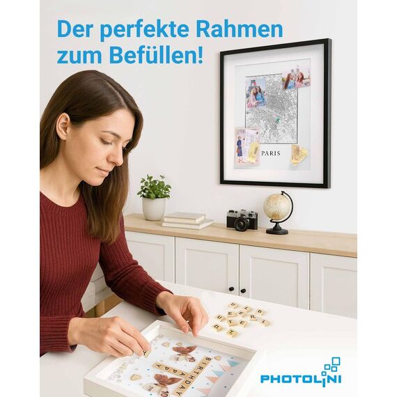 PHOTOLINI 3D Bilderrahmen zum Befüllen 30x40 Natur groß, 1,5 cm tiefer Objektrahmen mit Glas, 2X tiefer Bilderrahmen 30x40 Holz MDF mit Passepartout, Dicker 3D Rahmen befüllbar für Gegenstände