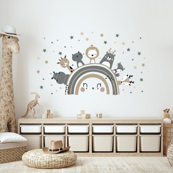 Tanlaby Große Regenbogen und Tier Wandtattoo Boho Grau Braun Waldland Tier Wandsticker Nordisch Giraffe Löwe Wandaufkleber für Kinder Babyzimmer Wohnzimmer Schlafzimmer Kinderzimmer Wanddekoration