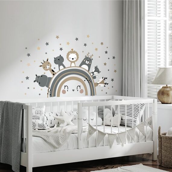 Tanlaby Große Regenbogen und Tier Wandtattoo Boho Grau Braun Waldland Tier Wandsticker Nordisch Giraffe Löwe Wandaufkleber für Kinder Babyzimmer Wohnzimmer Schlafzimmer Kinderzimmer Wanddekoration