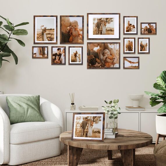 Vasemouh brauner Bilderrahmen 15er-Set, für 13x18 Bilder mit Passepartout oder für Bilder 15x20 ohne Passepartout, Wand- und Tischaufstellung