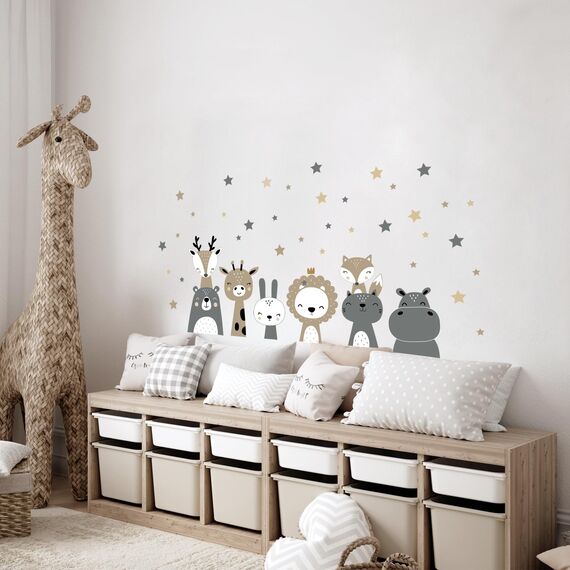 Tanlaby Safari Dschungel Tiere Wandtattoo Nordisches Tier Wandsticker Boho Grau Braun Waldland Giraffe Löwe Wandaufkleber für Kinder Babyzimmer Wohnzimmer Schlafzimmer Kinderzimmer Wanddekoration