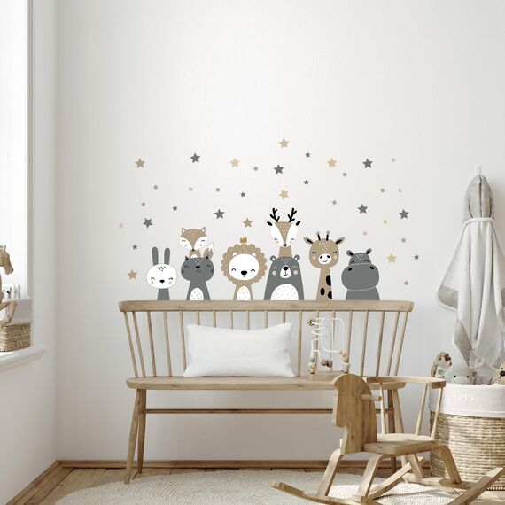 Tanlaby Safari Dschungel Tiere Wandtattoo Nordisches Tier Wandsticker Boho Grau Braun Waldland Giraffe Löwe Wandaufkleber für Kinder Babyzimmer Wohnzimmer Schlafzimmer Kinderzimmer Wanddekoration