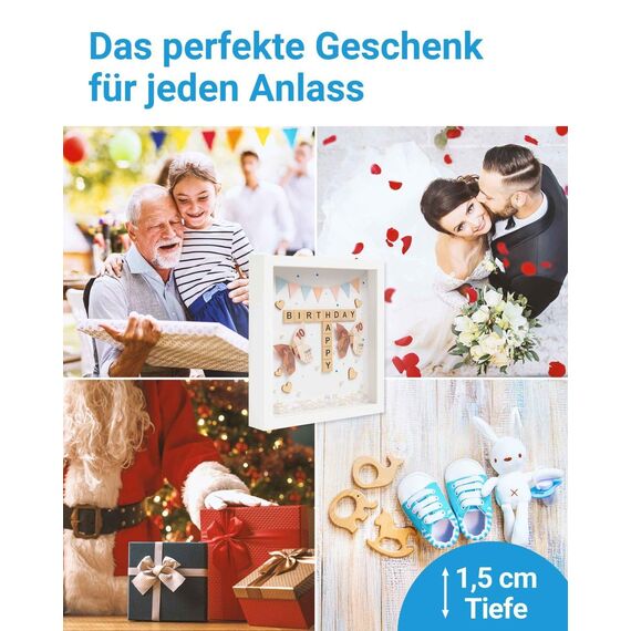 PHOTOLINI 3D Bilderrahmen zum Befüllen 40x50 Gold groß, 1,5 cm tiefer Objektrahmen mit Glas, 2X tiefer Bilderrahmen 40x50 Holz MDF mit Passepartout, Dicker 3D Rahmen befüllbar für Gegenstände