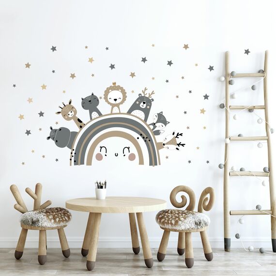 Tanlaby Große Regenbogen und Tier Wandtattoo Boho Grau Braun Waldland Tier Wandsticker Nordisch Giraffe Löwe Wandaufkleber für Kinder Babyzimmer Wohnzimmer Schlafzimmer Kinderzimmer Wanddekoration