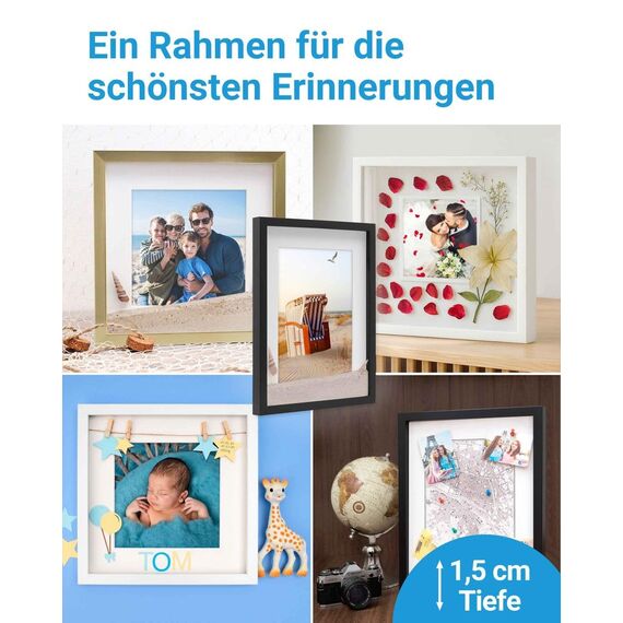PHOTOLINI 3D Bilderrahmen zum Befüllen 40x50 Weiß groß, 1,5 cm tiefer Objektrahmen mit Glas, 2X tiefer Bilderrahmen 40x50 Holz MDF mit Passepartout, Dicker 3D Rahmen befüllbar für Gegenstände