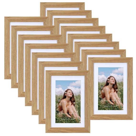 Vasemouh Naturholzfarbene Bilderrahmen 15er-Set, für 9x13 Bilder mit Passepartout oder für Bilder 10x15 ohne Passepartout, Wand- und Tischaufstellung
