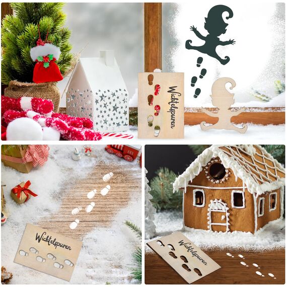 Wichtelschablone Fußabdrücke, Kreativset Wichteltür Zubehör, Wiederverwendbare Holz Wichtel Fußspuren Schablonen Weihnachten Deko Für Böden Fenster
