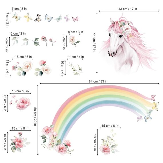 wondever Wandtattoo Regenbogen Groß Wandaufkleber Pferdekopf mit Blumen Wandsticker Wanddeko für Mädchen Kinderzimmer Schlafzimmer Wohnzimmer