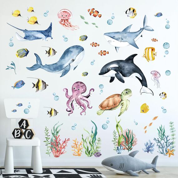 decalmile Wandtattoo Unter dem Meer Fisch Wandaufkleber Delphin Meeresschildkröte Seetang Wandsticker Kinderzimmer Babyzimmer Badezimmer Wanddeko