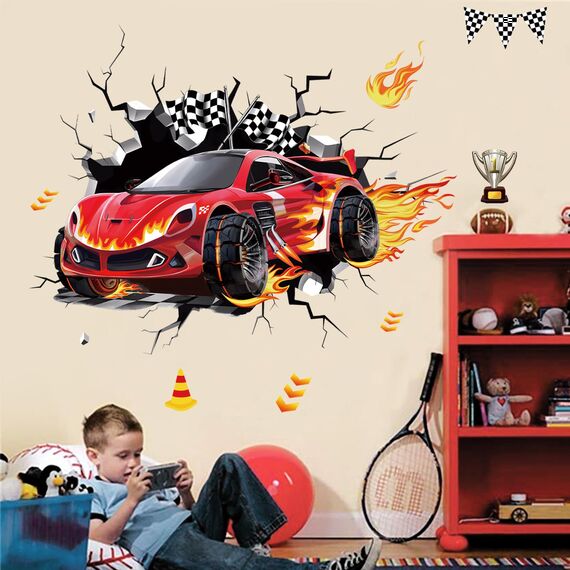 decalmile Wandtattoo Kinderzimmer Junge 3D Rennwagen Wandaufkleber Rennauto Autos Junge Wandsticker Kinderzimmer Babyzimmer Spielzimmer Wanddeko
