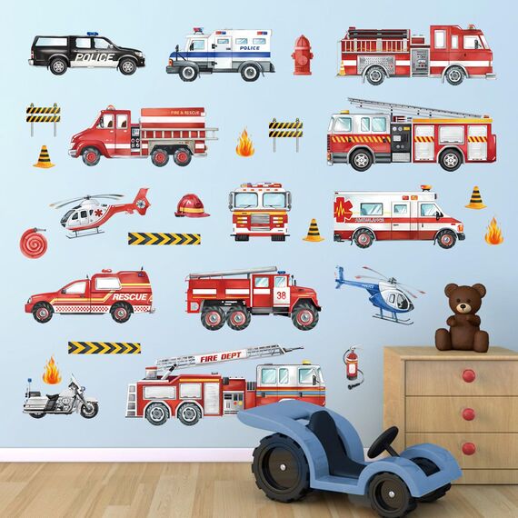 decalmile Wandtattoo Feuerwehrauto Wandaufkleber Autos Polizei Transporte Fahrzeug Wandsticker Junge Kinderzimmer Babyzimmer Spielzimmer Wanddeko