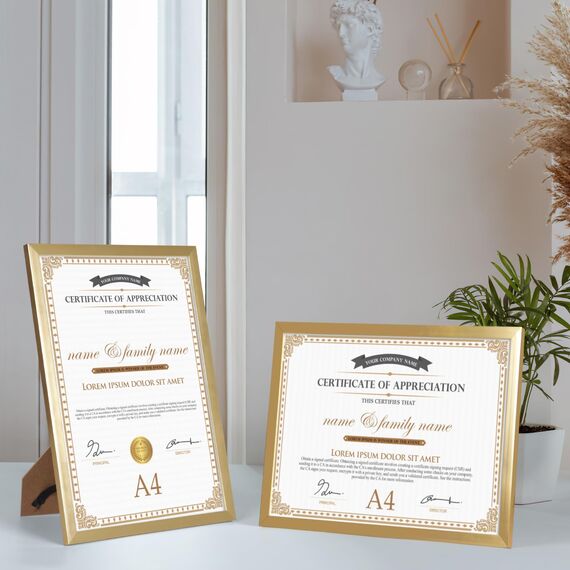 EYMPEU Bilderrahmen A4(21 x 29,7 cm) 18er-Set, für Wand und Tisch, geeignet für den Einsatz in Büros und Wohnungen, Gold