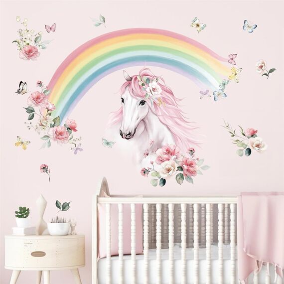 wondever Wandtattoo Regenbogen Groß Wandaufkleber Pferdekopf mit Blumen Wandsticker Wanddeko für Mädchen Kinderzimmer Schlafzimmer Wohnzimmer