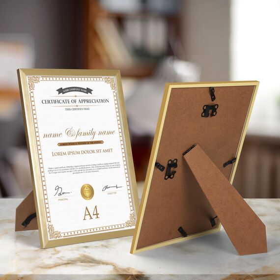 EYMPEU Bilderrahmen A4(21 x 29,7 cm) 18er-Set, für Wand und Tisch, geeignet für den Einsatz in Büros und Wohnungen, Gold