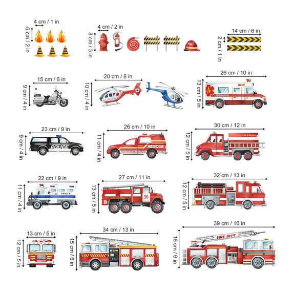 decalmile Wandtattoo Feuerwehrauto Wandaufkleber Autos Polizei Transporte Fahrzeug Wandsticker Junge Kinderzimmer Babyzimmer Spielzimmer Wanddeko