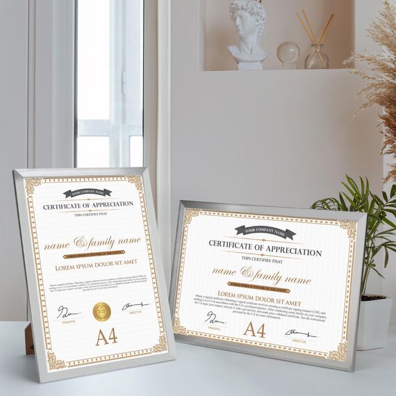 EYMPEU Bilderrahmen A4(21 x 29,7 cm) 18er-Set, für Wand und Tisch, geeignet für den Einsatz in Büros und Wohnungen, Silber