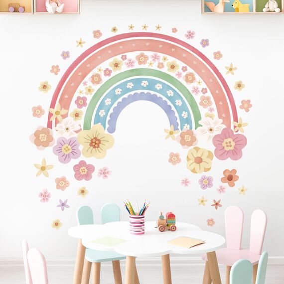 wondever Wandtattoo Regenbogen Groß Wandaufkleber Boho Bunte Blumen Wandsticker Wanddeko für Mädchen Kinderzimmer Schlafzimmer Wohnzimmer