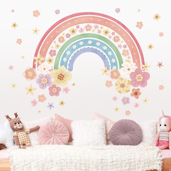 wondever Wandtattoo Regenbogen Groß Wandaufkleber Boho Bunte Blumen Wandsticker Wanddeko für Mädchen Kinderzimmer Schlafzimmer Wohnzimmer