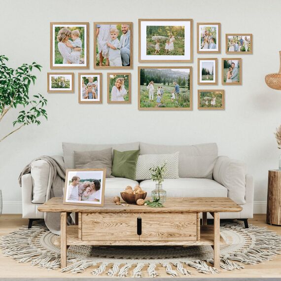 Vasemouh Naturholzfarbene Bilderrahmen 15er-Set, für 10x15 Bilder mit Passepartout oder für Bilder 13x18 ohne Passepartout, Wand- und Tischaufstellung