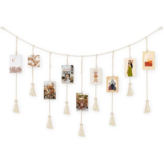 ecooe Foto hängendes Seil DIY Bilderrahmen Wanddekoration Boho Fotoseil mit Quaste, Fotoleine mit 30 Holzklammern und 2 spurlosen Nägeln Fotoaufhängung (100 cm x 60 cm)