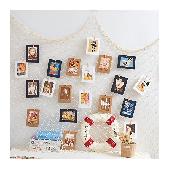 ecooe Foto hängende Wanddekoration Collage DIY Bilderrahmen Wanddekoration Fischernetz Deko, Größe L Fischernetz mit 40 Holzklammern und 10 spurlosen Nägeln Fotoaufhängung