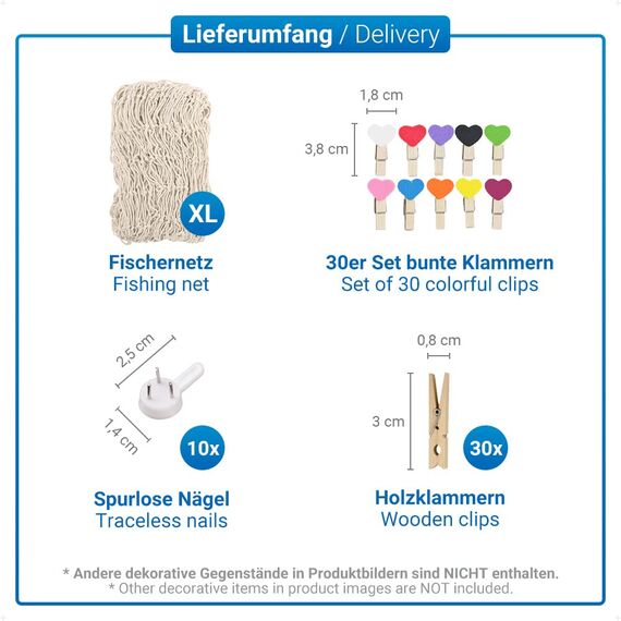 ecooe Deko Netz Foto hängende Wanddekoration DIY kreative Bilderrahmen Collage Fotowand, Größe XL Fischernetz mit 60 Holzklammern und 10 spurlosen Nägeln Fotoaufhängung (120cm x 150cm)