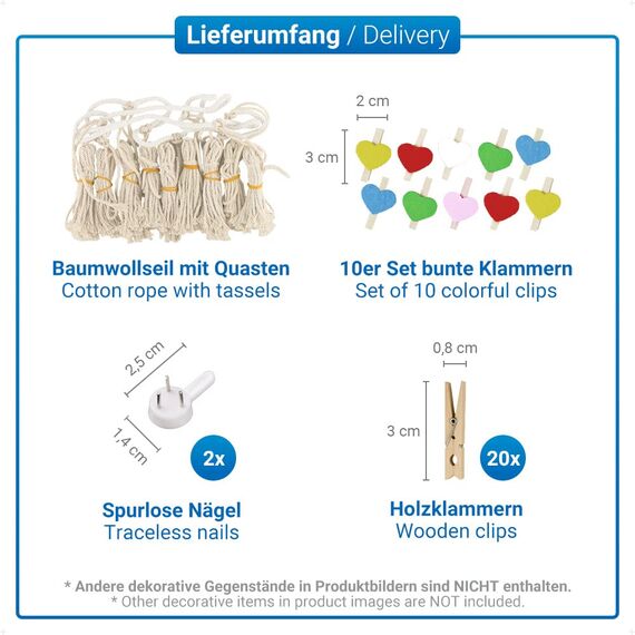 ecooe Foto hängendes Seil DIY Bilderrahmen Wanddekoration Boho Fotoseil mit Quaste, Fotoleine mit 30 Holzklammern und 2 spurlosen Nägeln Fotoaufhängung (100 cm x 60 cm)