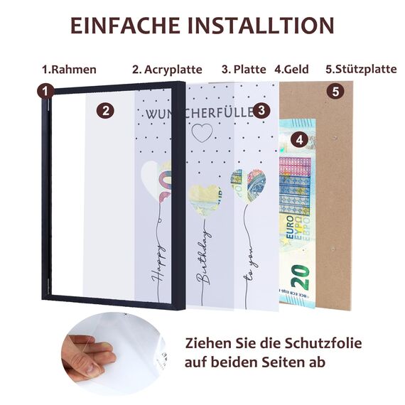 EngGlück Wunscherfüller Geldgeschenk Geburtstag Bilderrahmen, Geschenke zum Geburtstag, Lustige Geldgeschenke Verpackung Geld Geschenk Mann Frau Größe Din A4 (W-B)