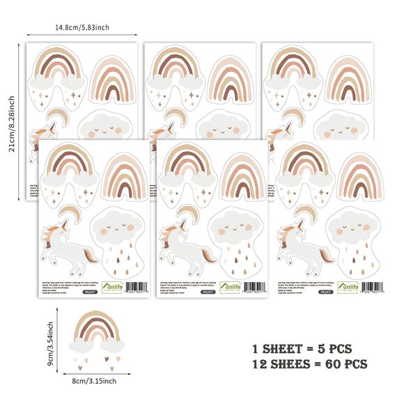 funlife 60 Stück Wandaufkleber für Kinderzimmer Babyzimmer, selbstklebende PVC-Wandtattoo Wandsticker, Boho-Stil-Aufkleber für Mädchen Jungen Baby, Wolke & Regenbogen