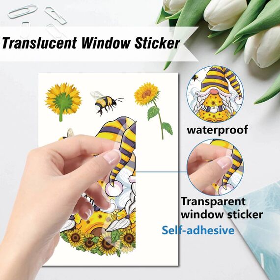 CRASPIRE Sonnenblumen-Fensteraufkleber, Dekoration, Biene, Gnom, Frühling, Fensteraufkleber, 8 Blatt, Raumdekoration, Aufkleber Für Klassenzimmer, Schlafzimmer, Wohnzimmer