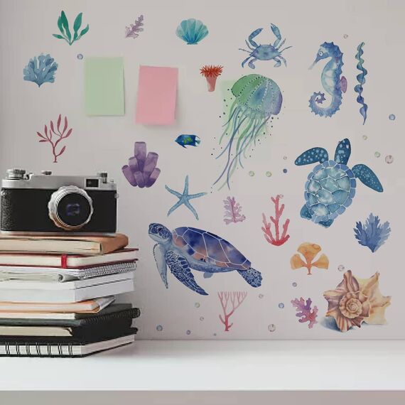 CRASPIRE Aufkleber mit Meerestieren, Wandaufkleber, Meeresschildkröte, 8 Bögen, Vinyl-Aufkleber, Seepferdchenmuschel, Wandaufkleber, Aquarell
