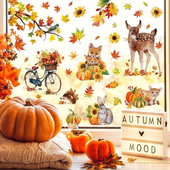 Aonveki 68 Stück Fensterbilder Herbst Selbstklebend, Thanksgiving Herbstdeko Fenster Aufkleber Ohne Kleber, Ahornblätter Kürbis Kleintiere Fensterdeko Herbst für Kinderzimmer Cafe