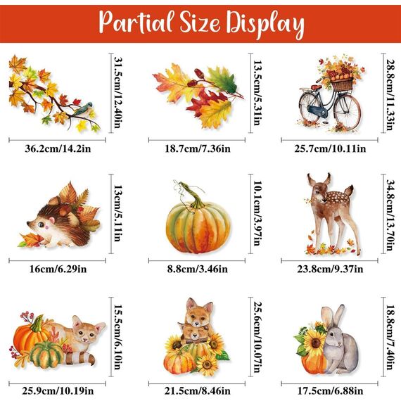 Aonveki 68 Stück Fensterbilder Herbst Selbstklebend, Thanksgiving Herbstdeko Fenster Aufkleber Ohne Kleber, Ahornblätter Kürbis Kleintiere Fensterdeko Herbst für Kinderzimmer Cafe