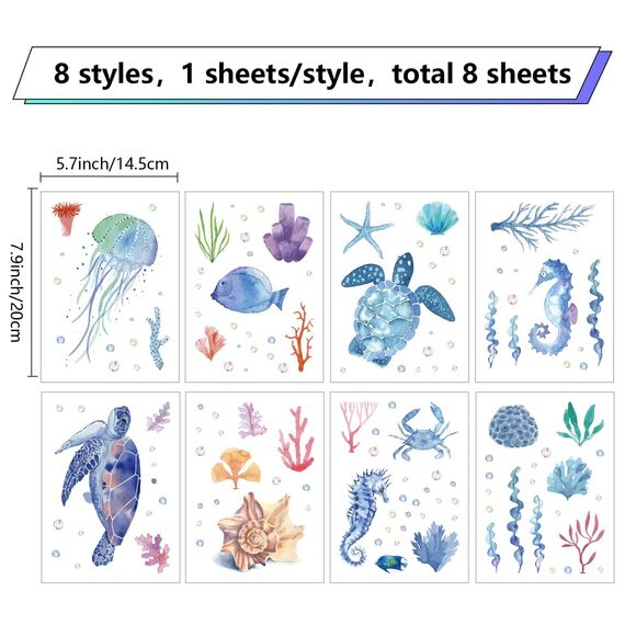 CRASPIRE Aufkleber mit Meerestieren, Wandaufkleber, Meeresschildkröte, 8 Bögen, Vinyl-Aufkleber, Seepferdchenmuschel, Wandaufkleber, Aquarell