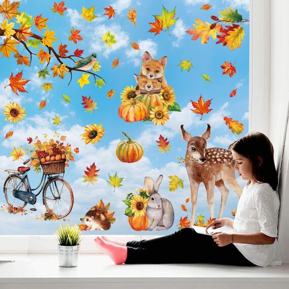 Aonveki 68 Stück Fensterbilder Herbst Selbstklebend, Thanksgiving Herbstdeko Fenster Aufkleber Ohne Kleber, Ahornblätter Kürbis Kleintiere Fensterdeko Herbst für Kinderzimmer Cafe